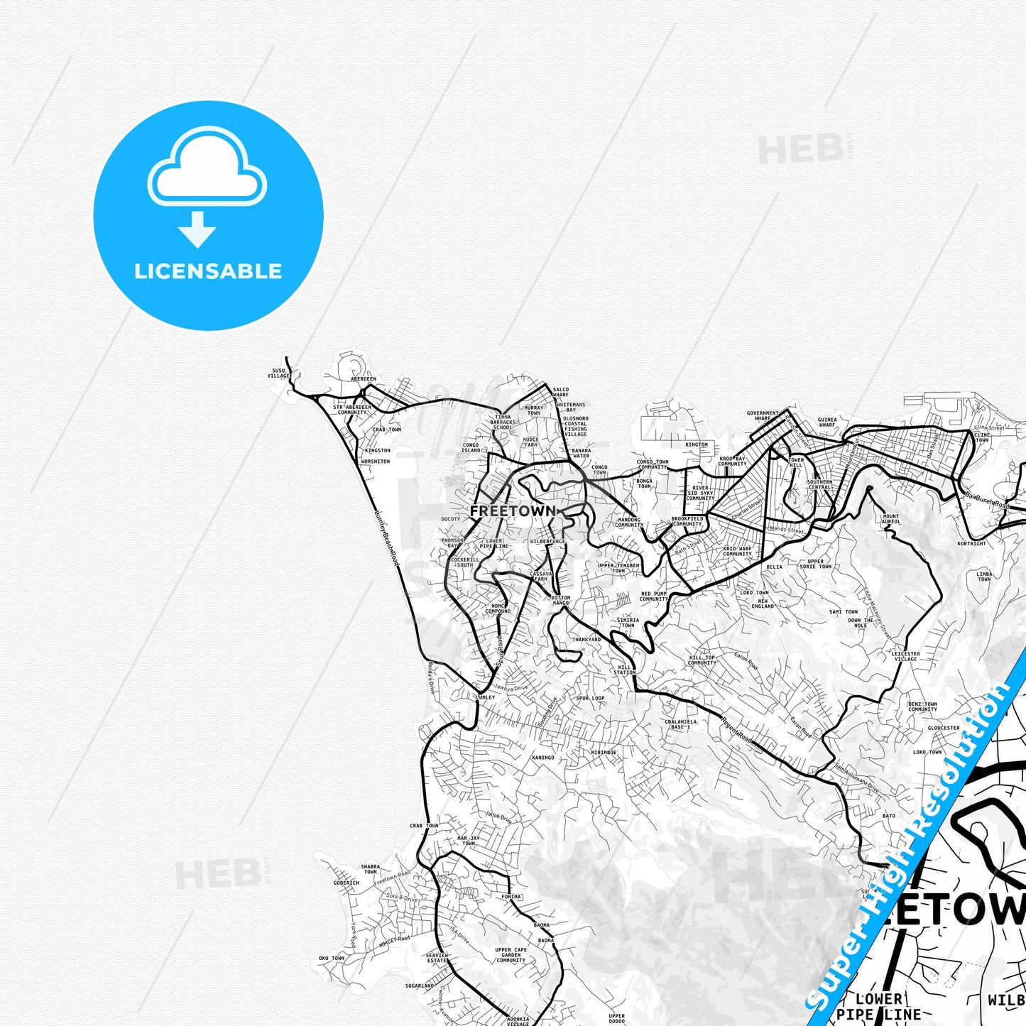 Freetown, Sierra Leone Light Map with Street Names, City Names, and Districts