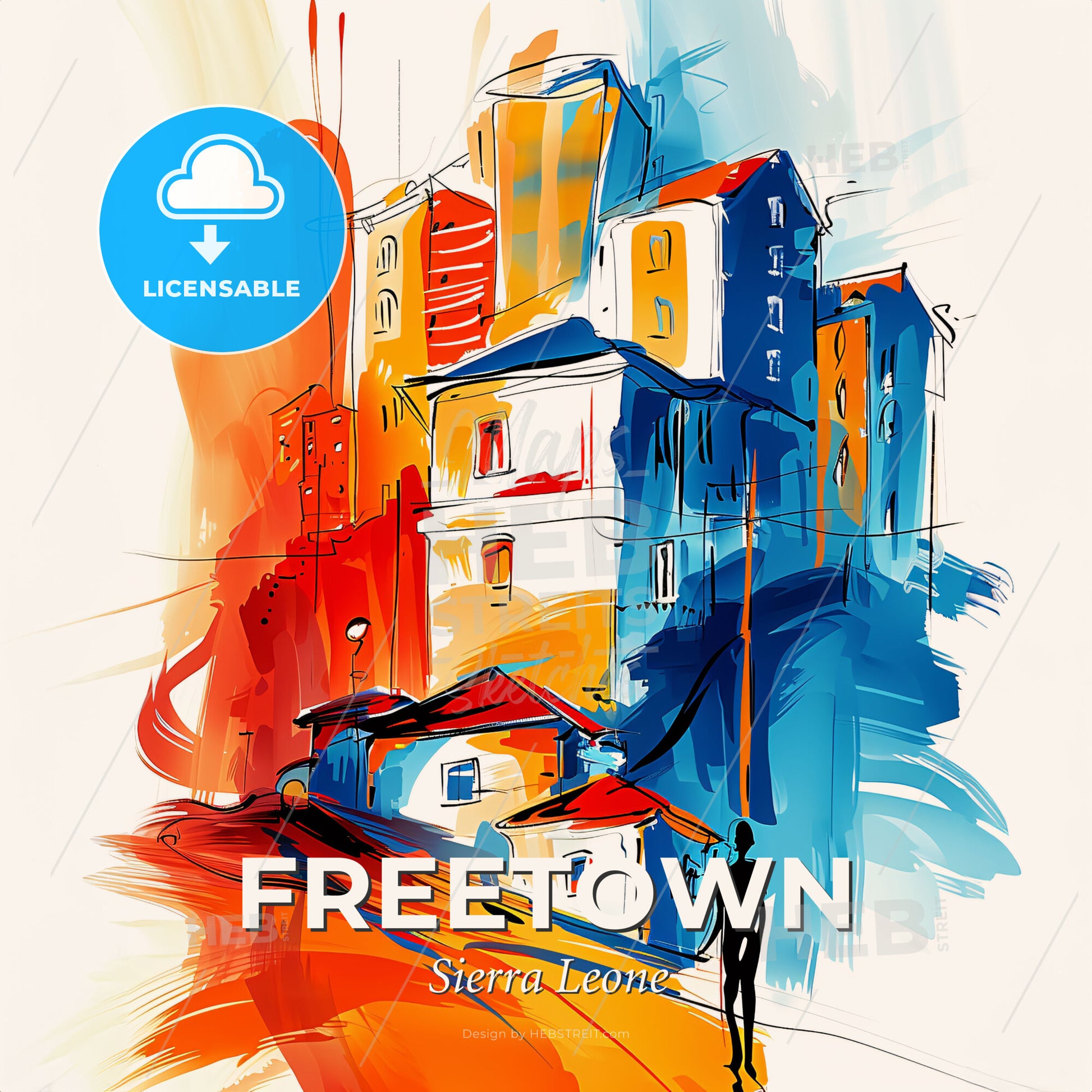Vibrant Freetown, Sierra Leone - A Painting Of A Skyline With A Colorful Building - Square format print template