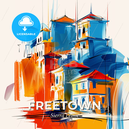 Vibrant Freetown, Sierra Leone - A Painting Of A Skyline With A Colorful Building - Square format print template