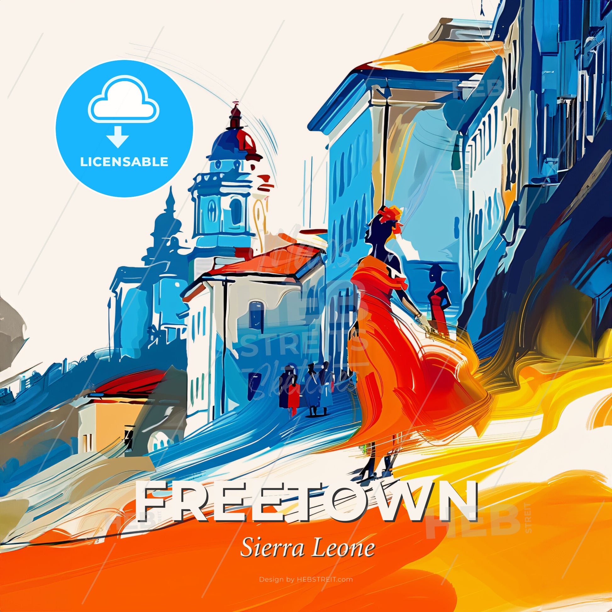 Vibrant Freetown, Sierra Leone - A Painting Of A Skyline With A Colorful Building - Square format print template