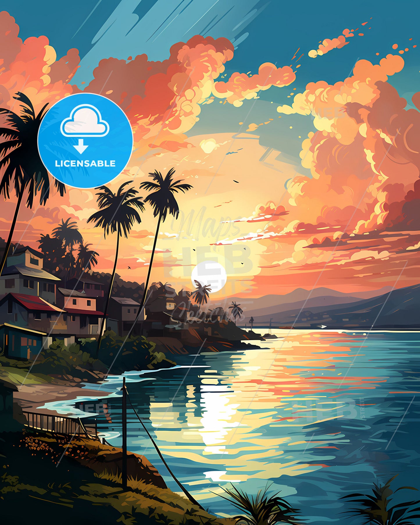 Vibrant Beach Skyline with Palm Trees and Sunset: Colorful Painted Artwork