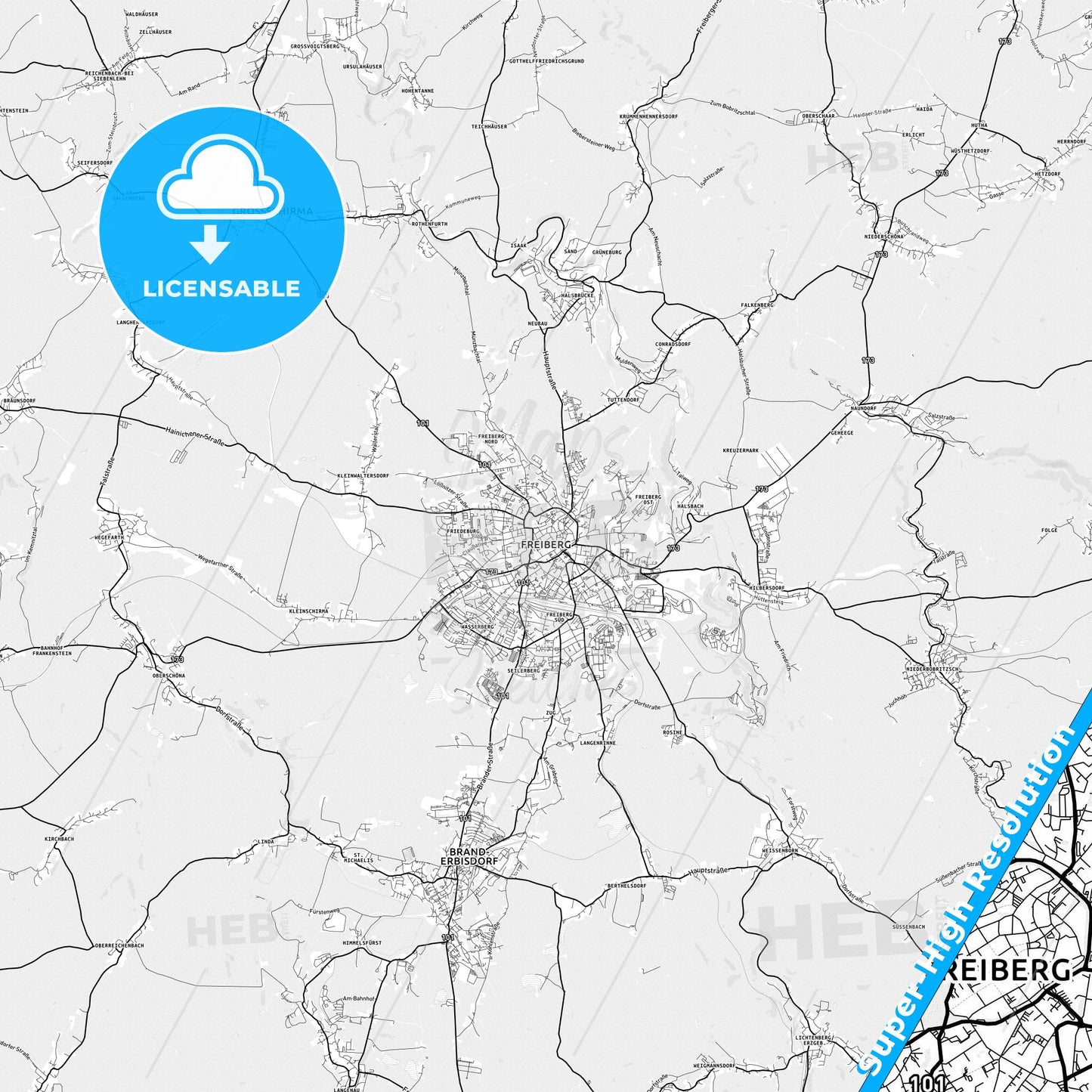 Freiberg, Germany light map with streetnames, citynames and districts