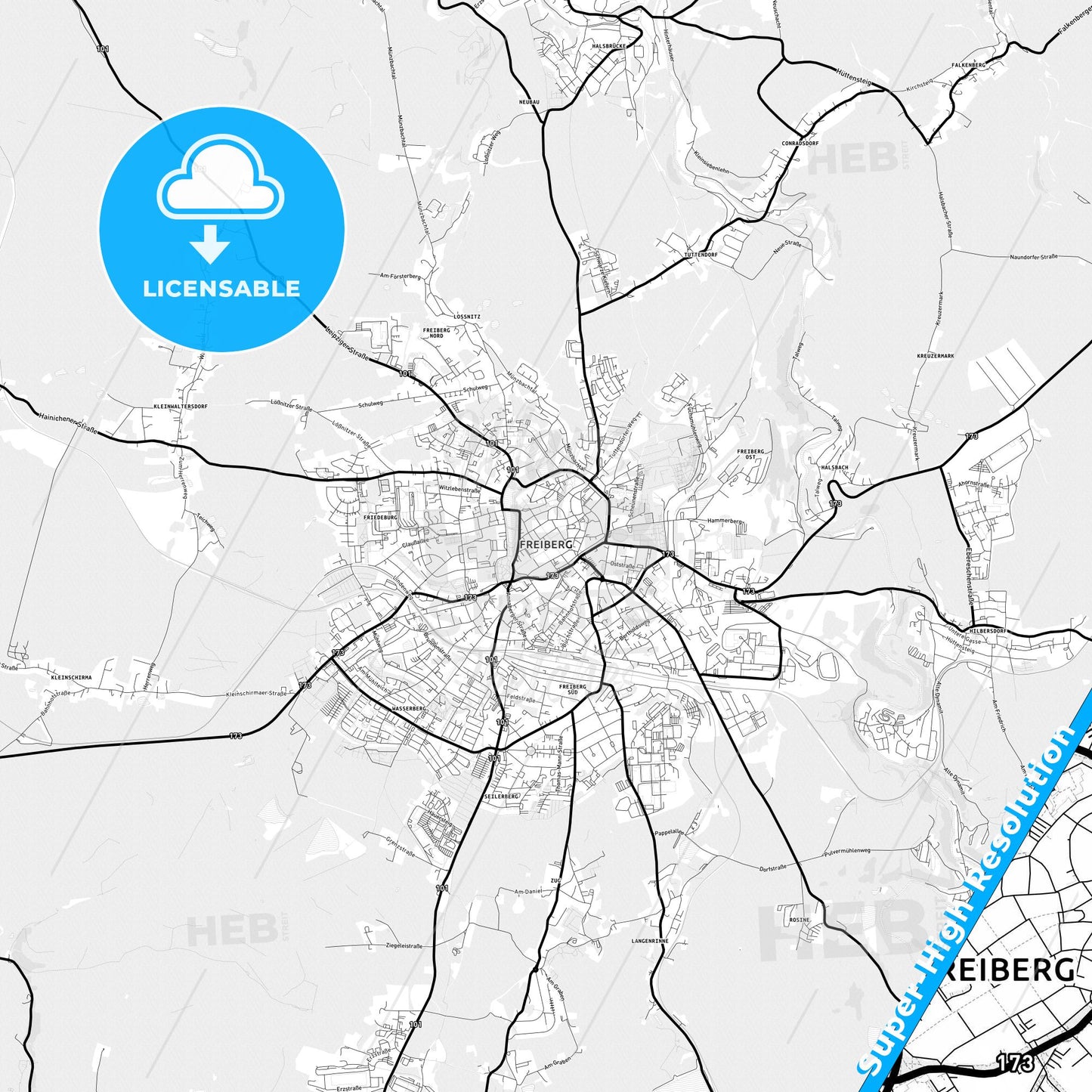 Freiberg, Germany Light Map with Street Names, City Names, and Districts