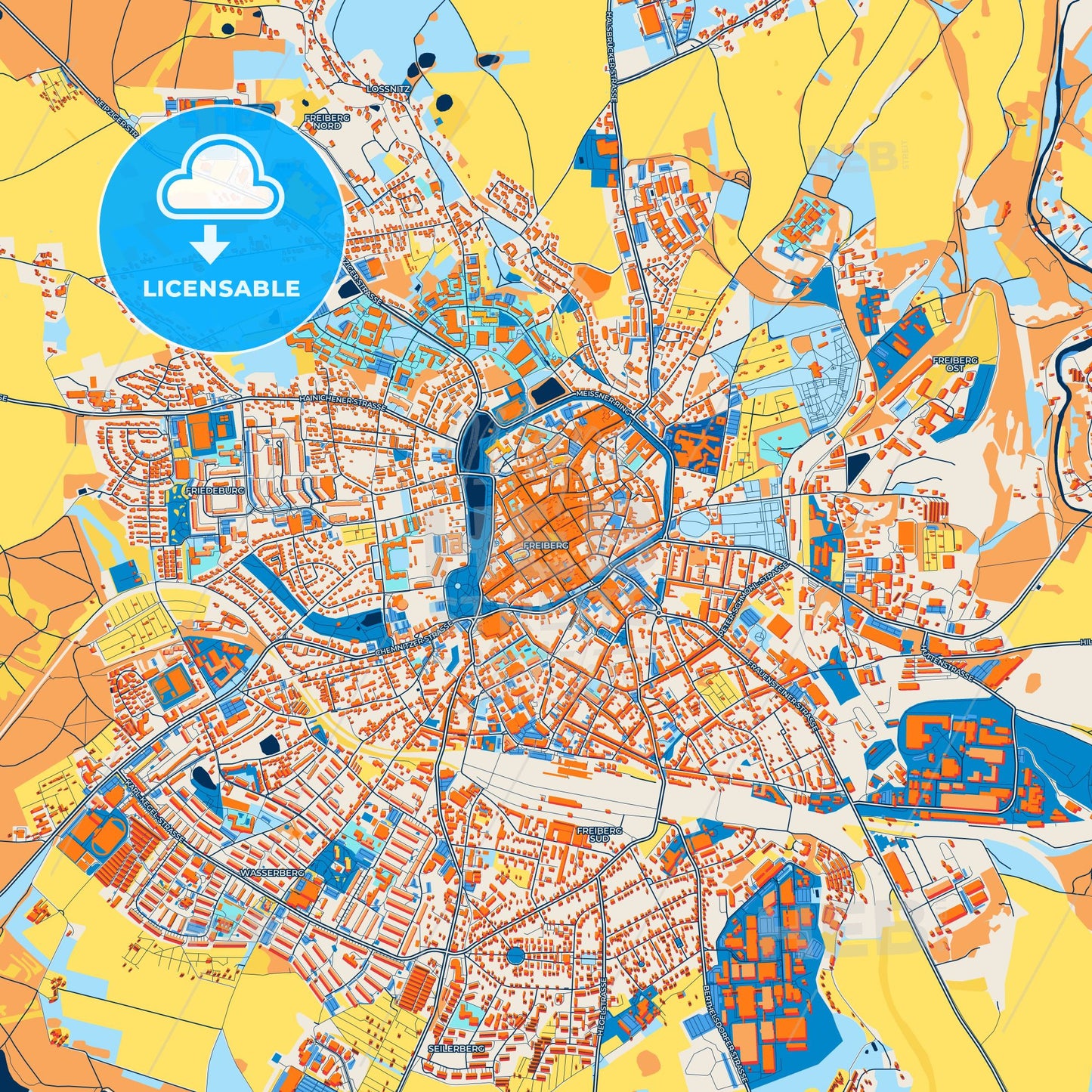 Colorful Freiberg Street Map with Labels and Buildings