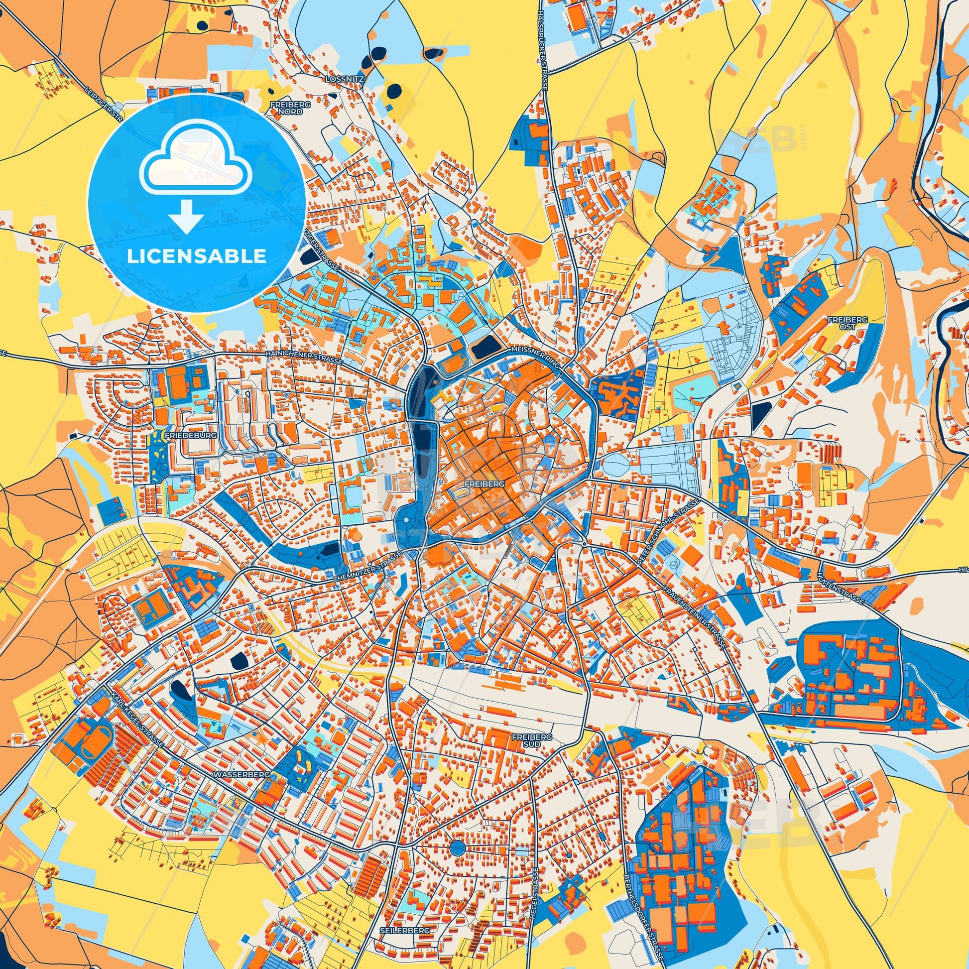 Colorful Freiberg Street Map with Labels and Buildings