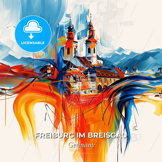 Vibrant Freiburg Im Breisgau, Germany - A Painting Of A Town With Mountains And A Building - Square format print template