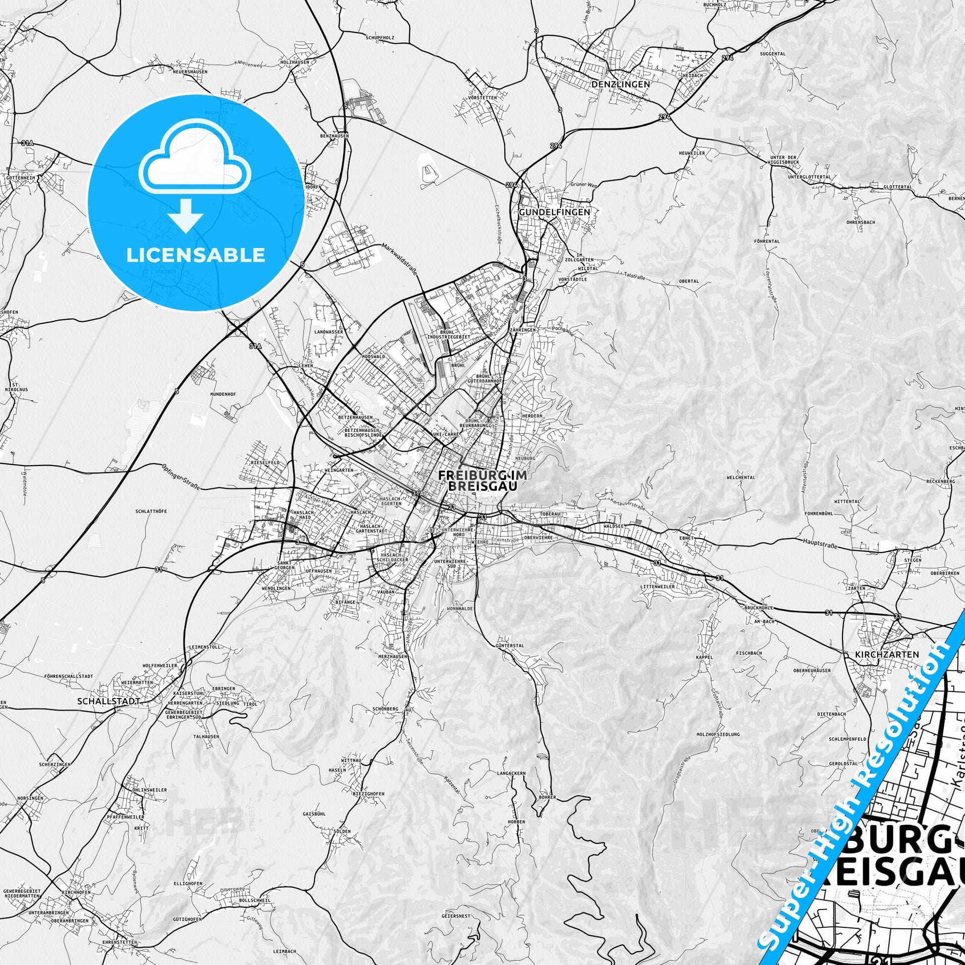 Freiburg im Breisgau, Germany light map with streetnames, citynames and districts