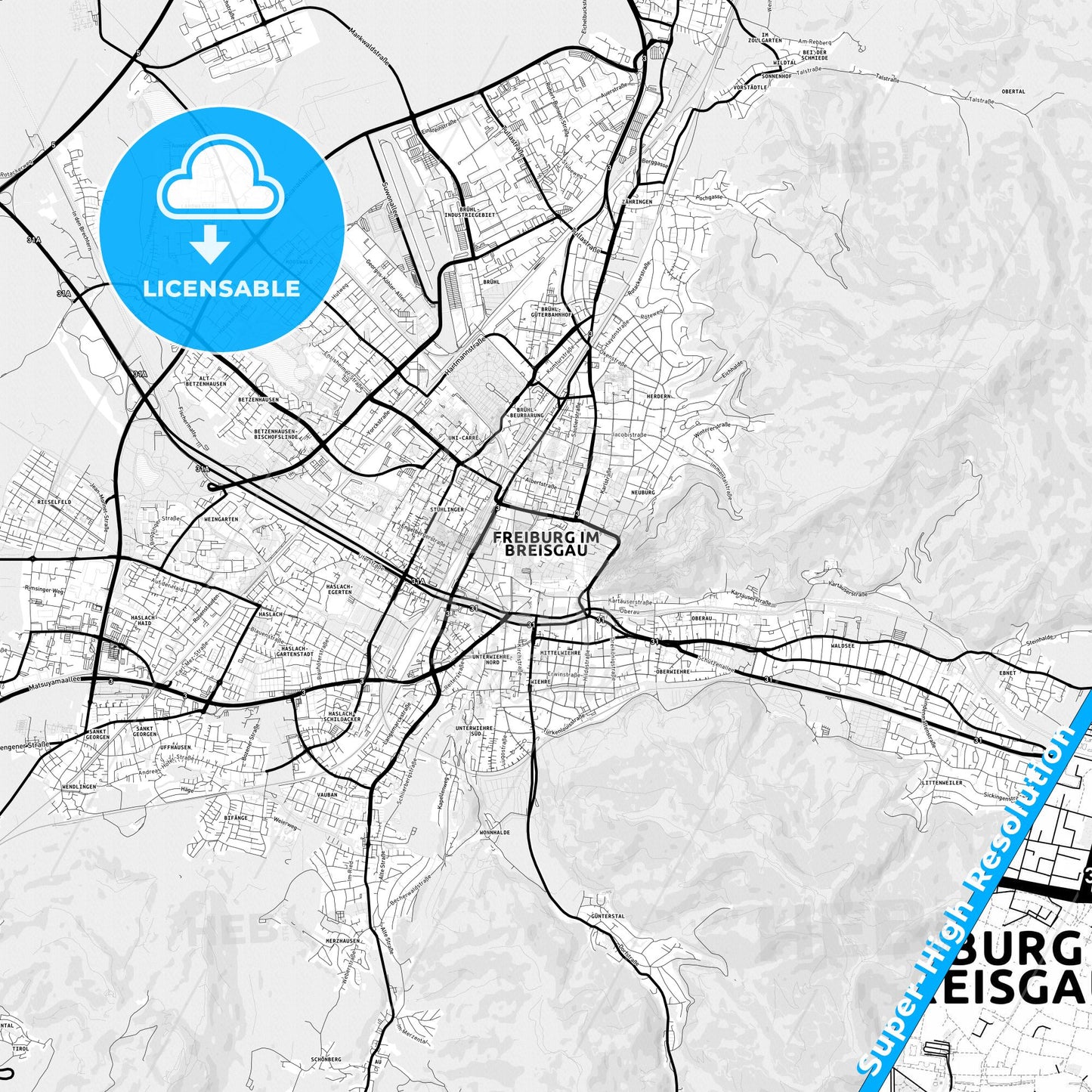 Freiburg im Breisgau, Germany Light Map with Street Names, City Names, and Districts