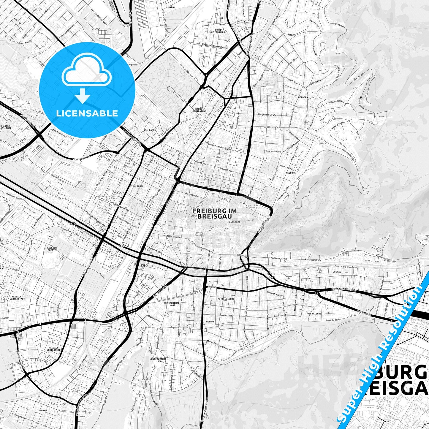 Freiburg im Breisgau, Germany Light Map with Street Names, City Names, and Districts