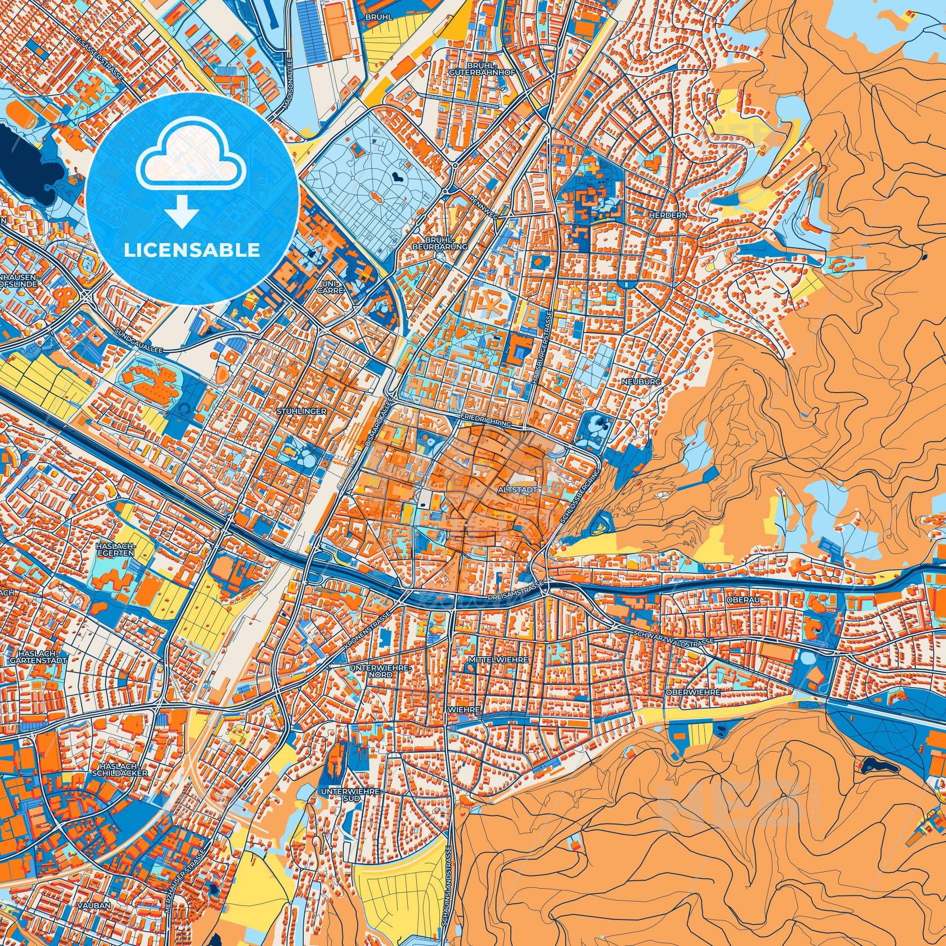 Colorful Freiburg im Breisgau Street Map with Labels and Buildings