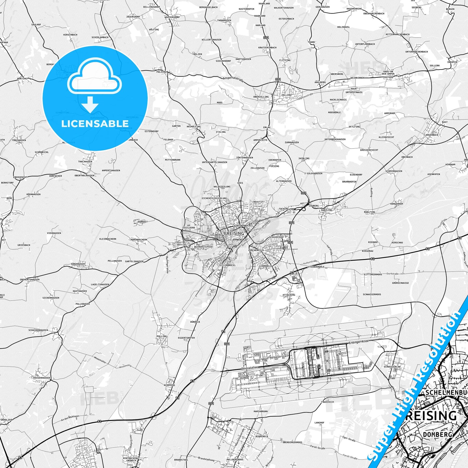Freising, Germany light map with streetnames, citynames and districts