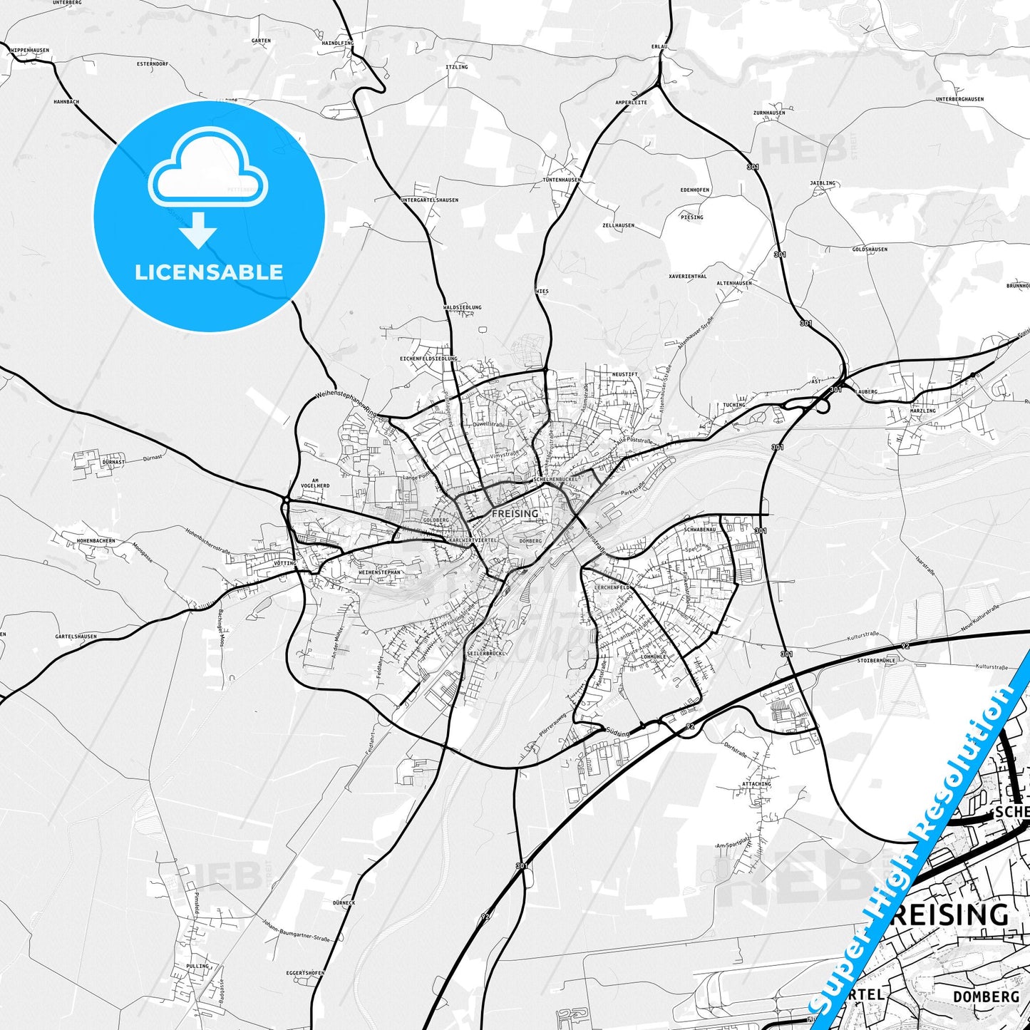 Freising, Germany Light Map with Street Names, City Names, and Districts