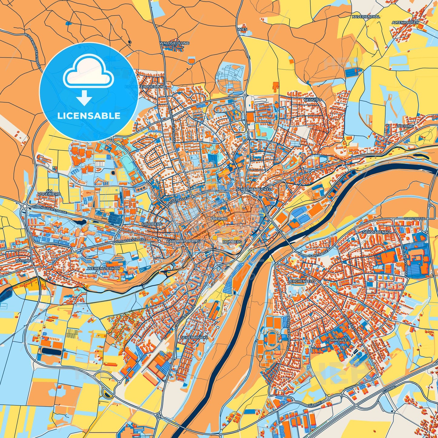 Colorful Freising Street Map with Labels and Buildings