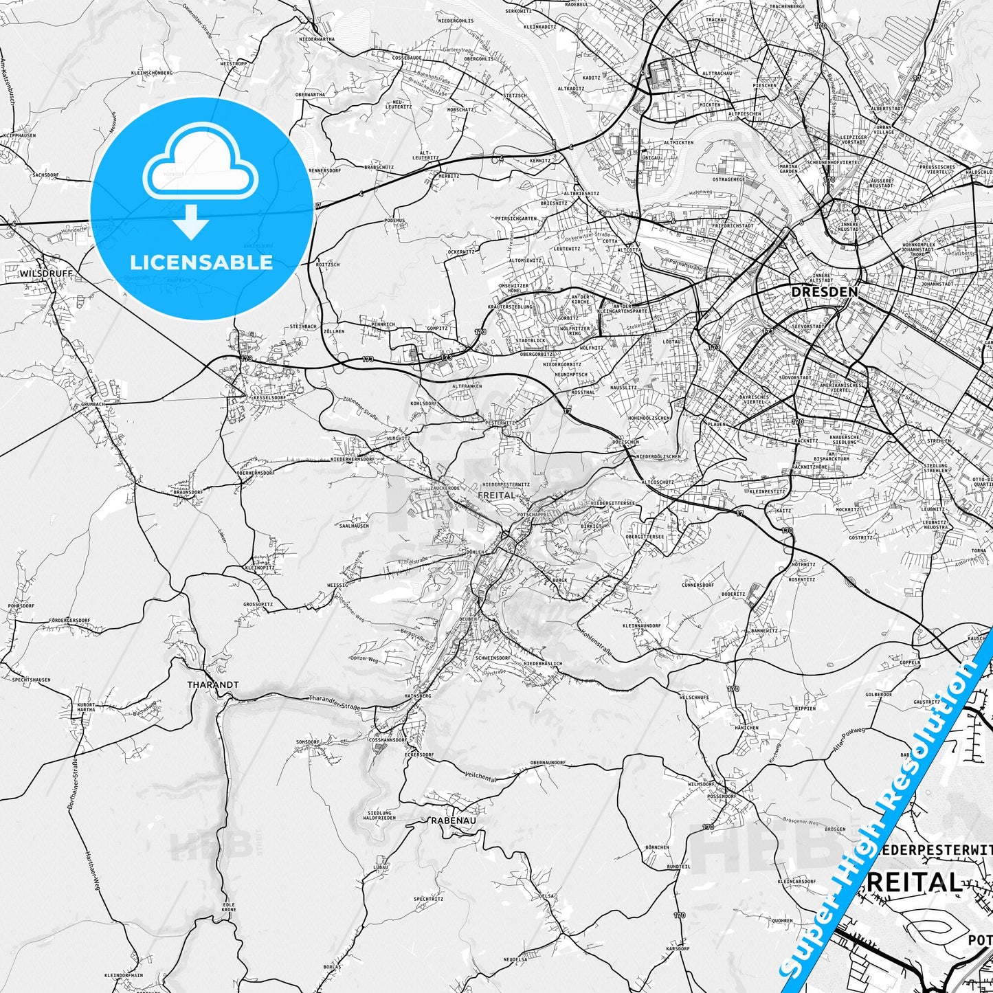 Freital, Germany light map with streetnames, citynames and districts