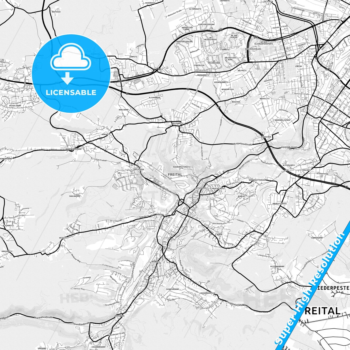 Freital, Germany Light Map with Street Names, City Names, and Districts