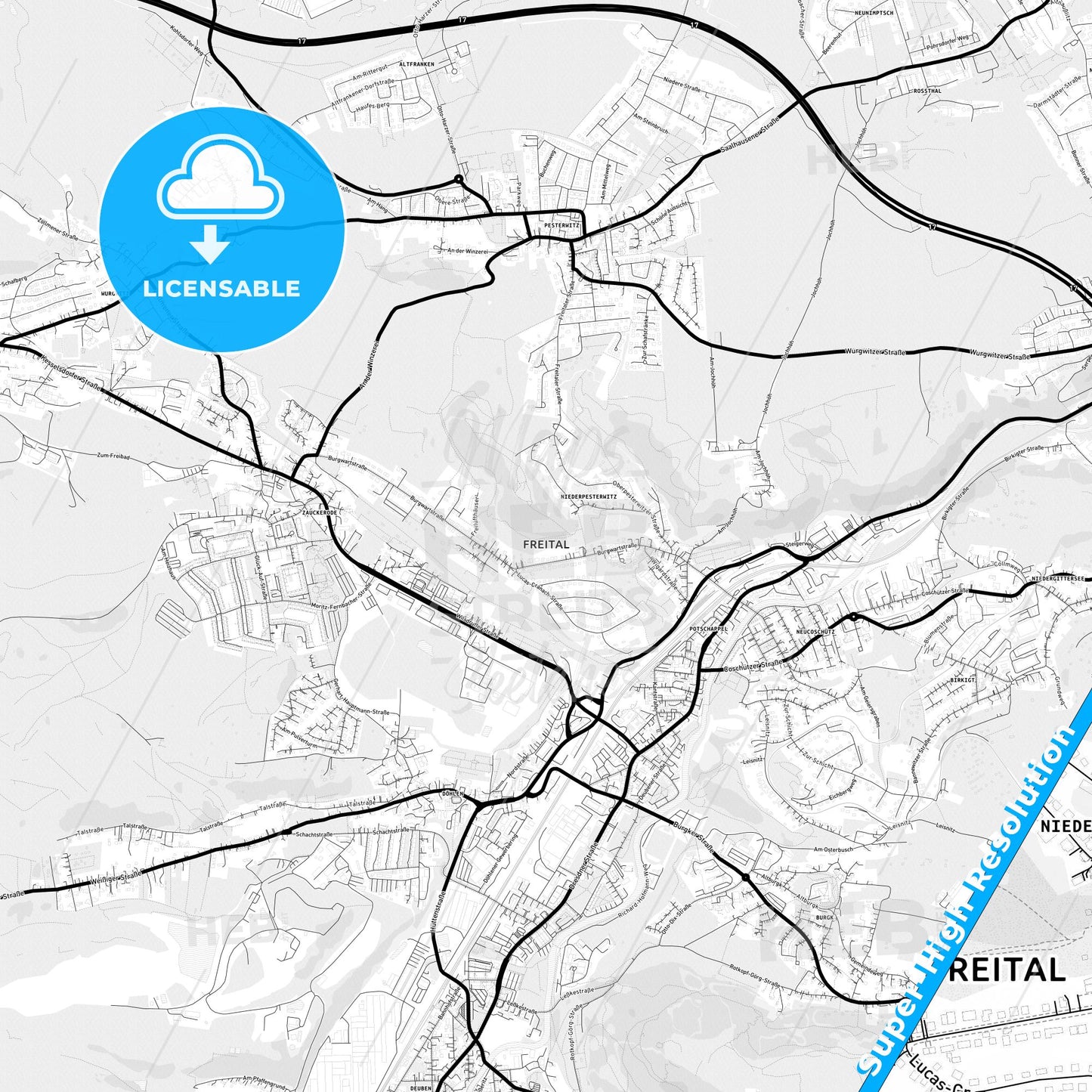 Freital, Germany Light Map with Street Names, City Names, and Districts