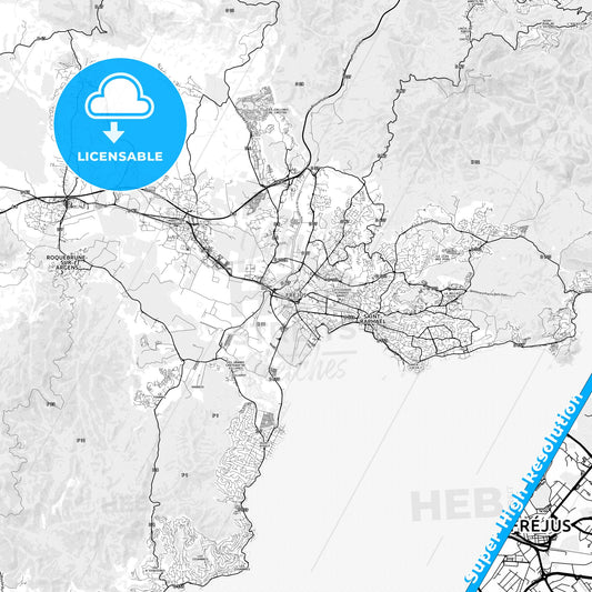 Fréjus, France light map with streetnames, citynames and districts