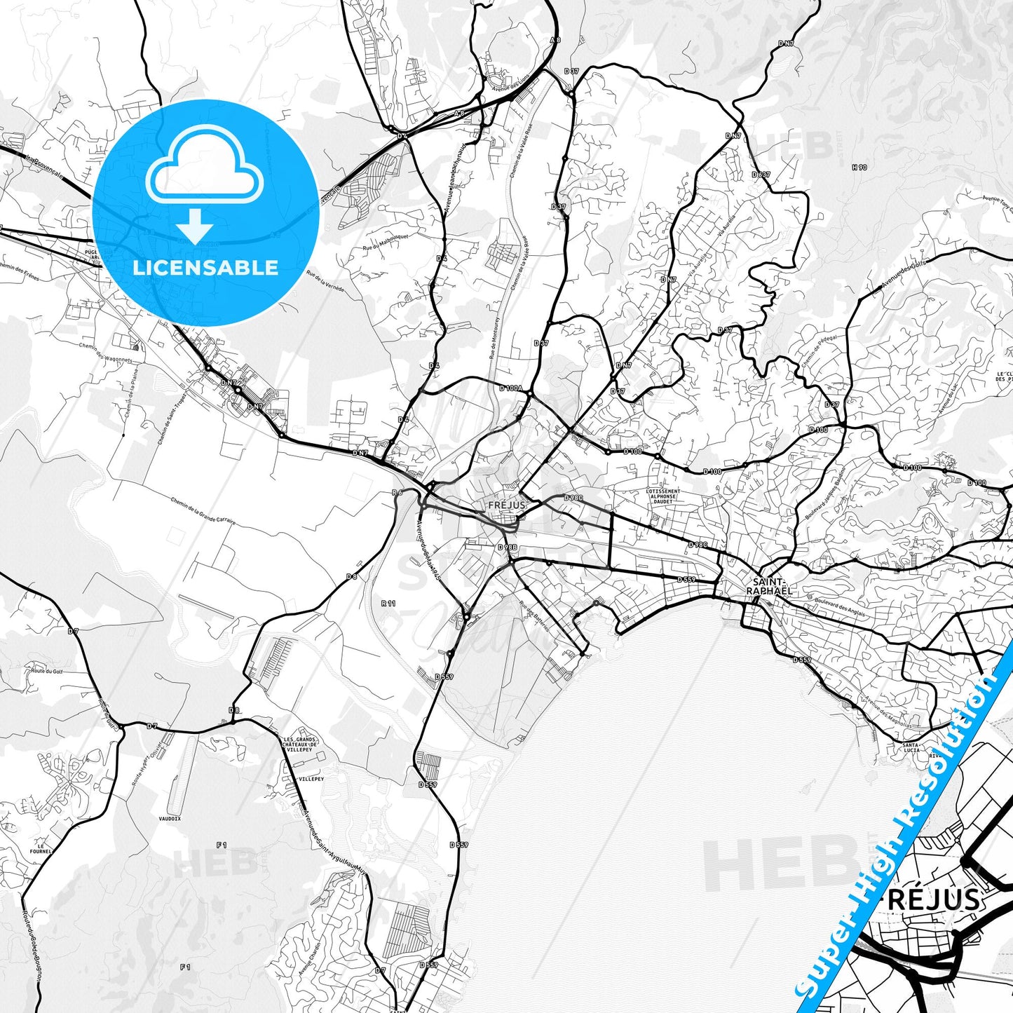 Fréjus, France Light Map with Street Names, City Names, and Districts