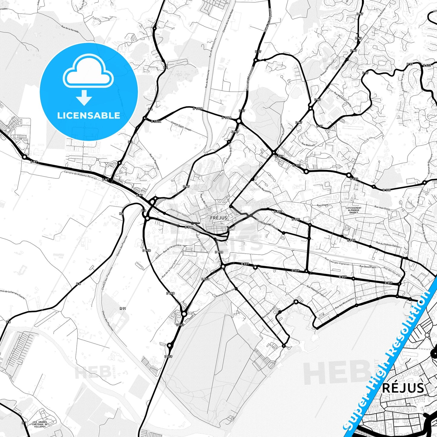 Fréjus, France Light Map with Street Names, City Names, and Districts