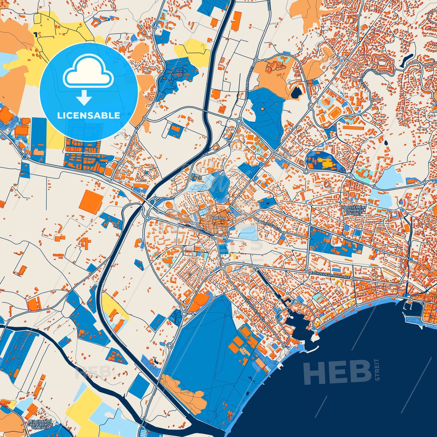 Colorful Fréjus Street Map with Labels and Buildings
