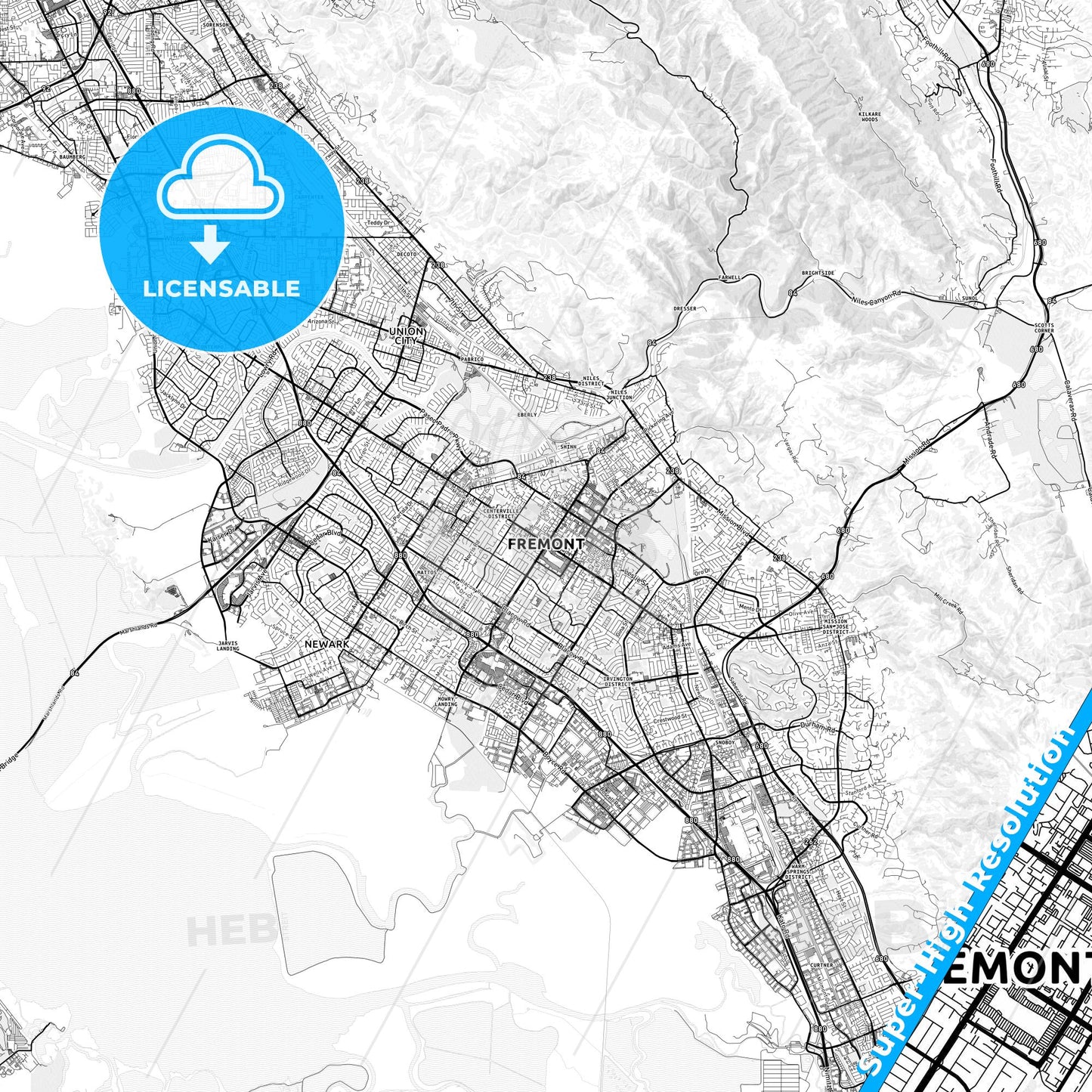 Fremont, California light map with streetnames, citynames and districts