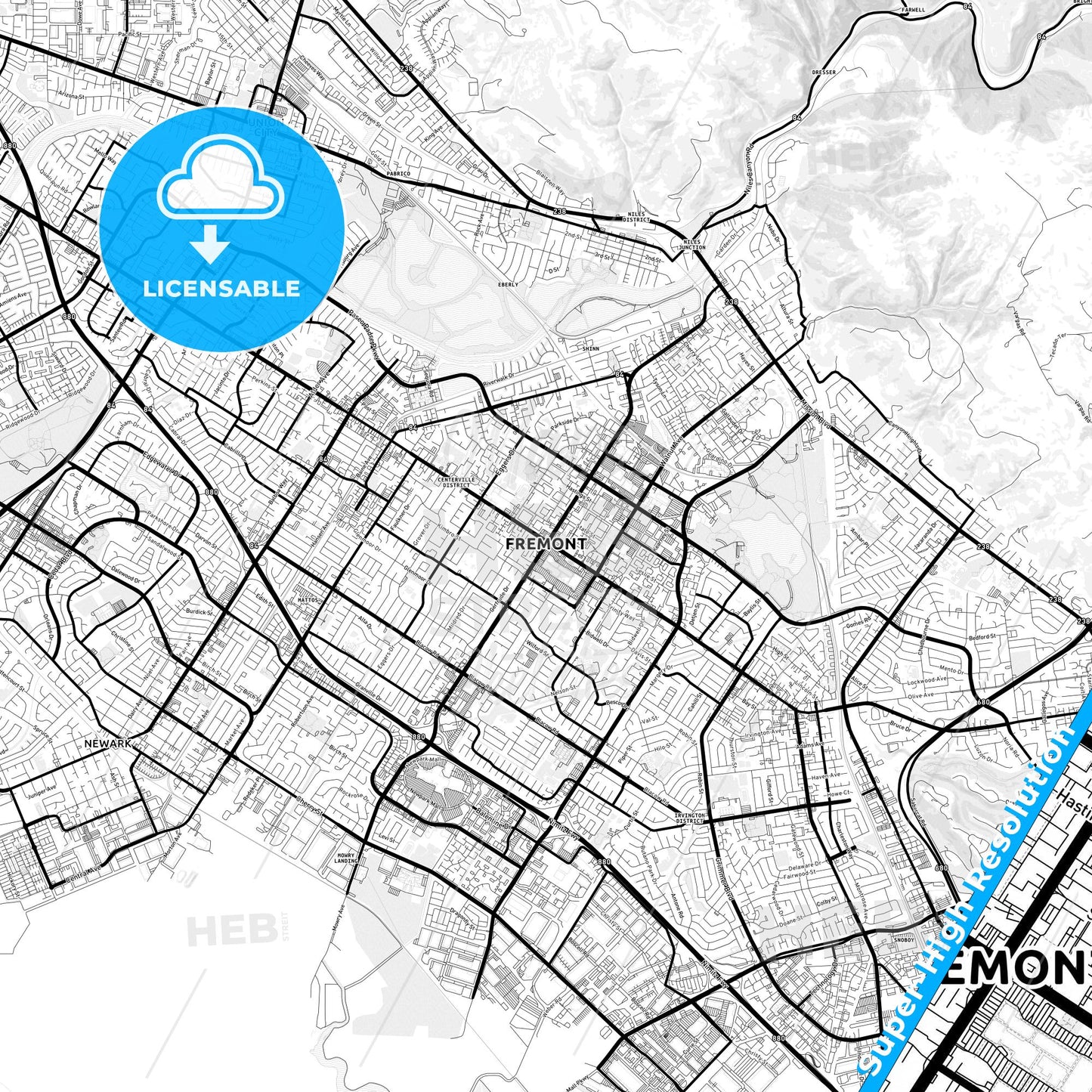 Fremont, California Light Map with Street Names, City Names, and Districts
