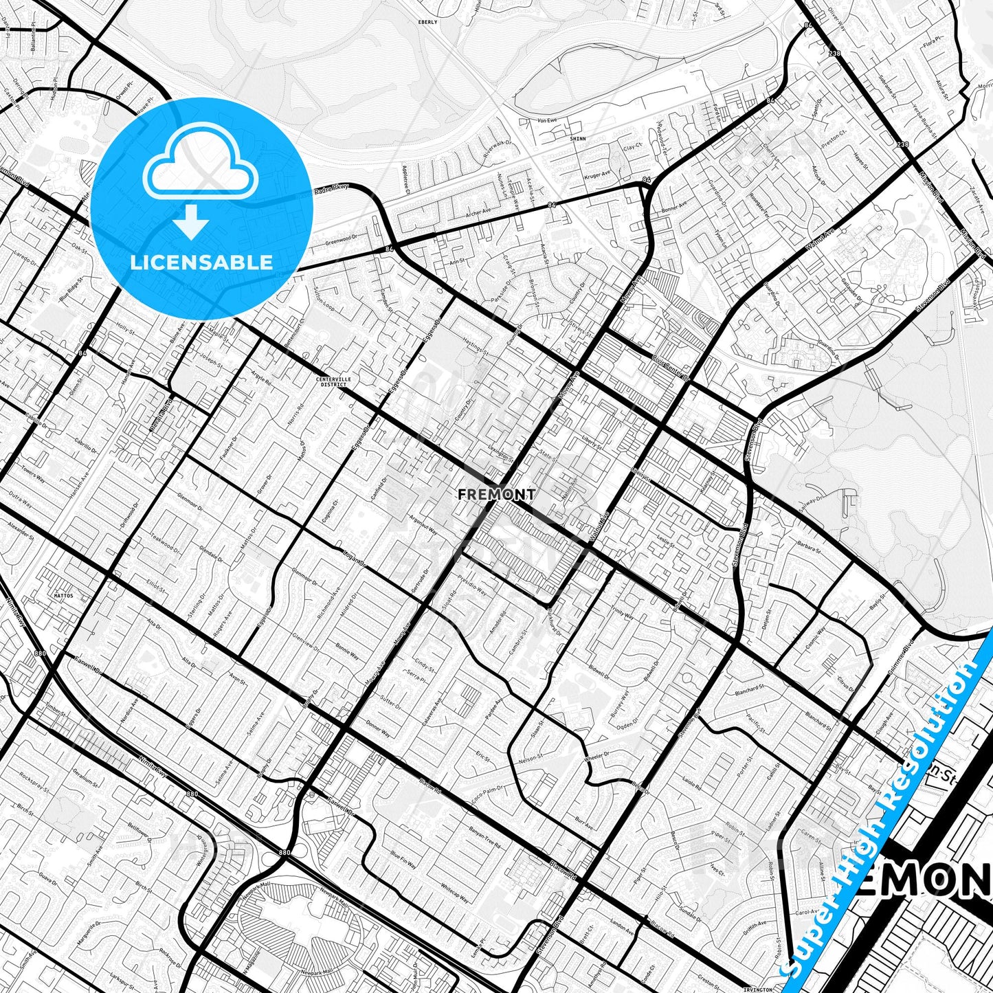 Fremont, California Light Map with Street Names, City Names, and Districts
