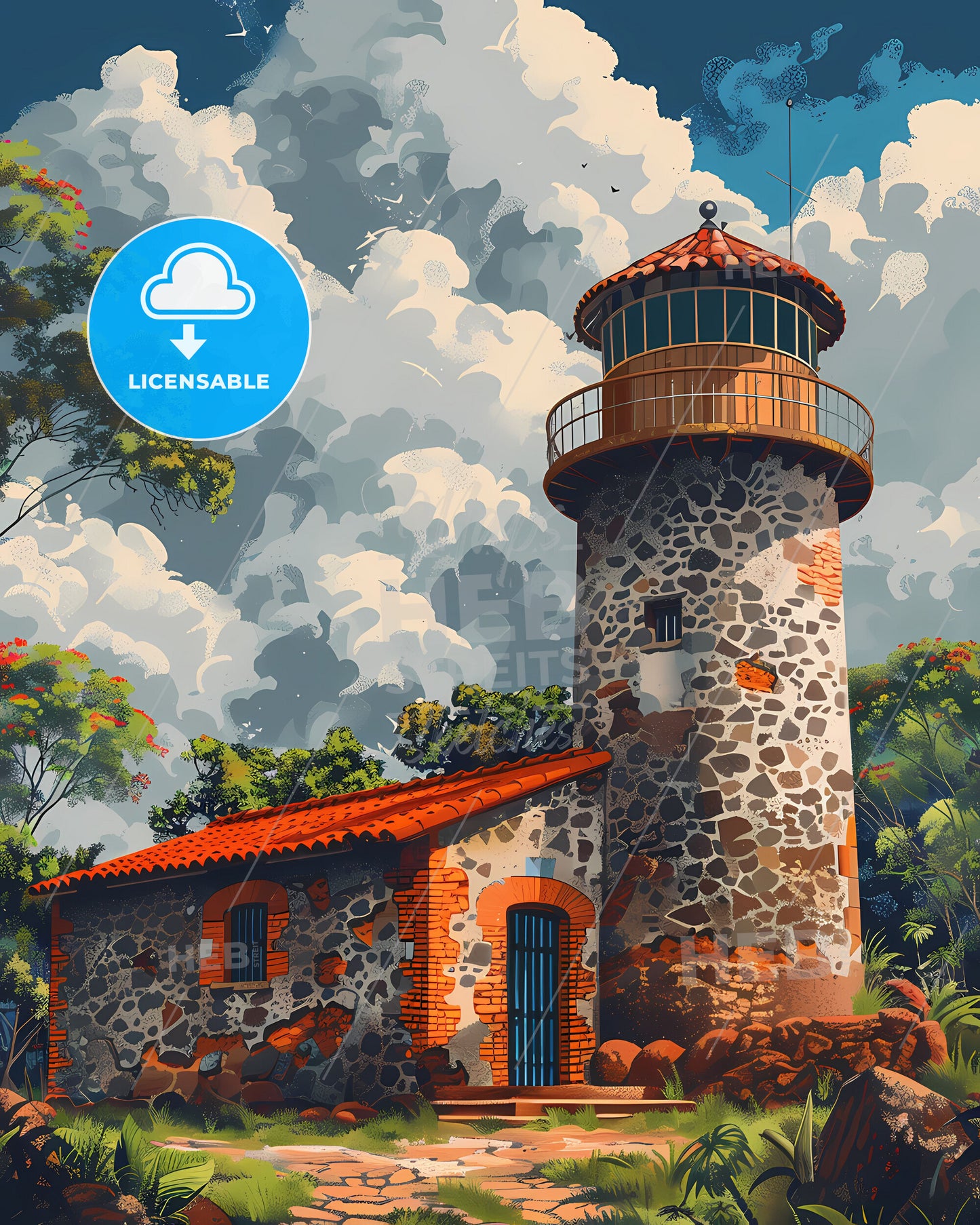 Vibrant Art Painting of a Towered Stone Building in French Guiana, South America