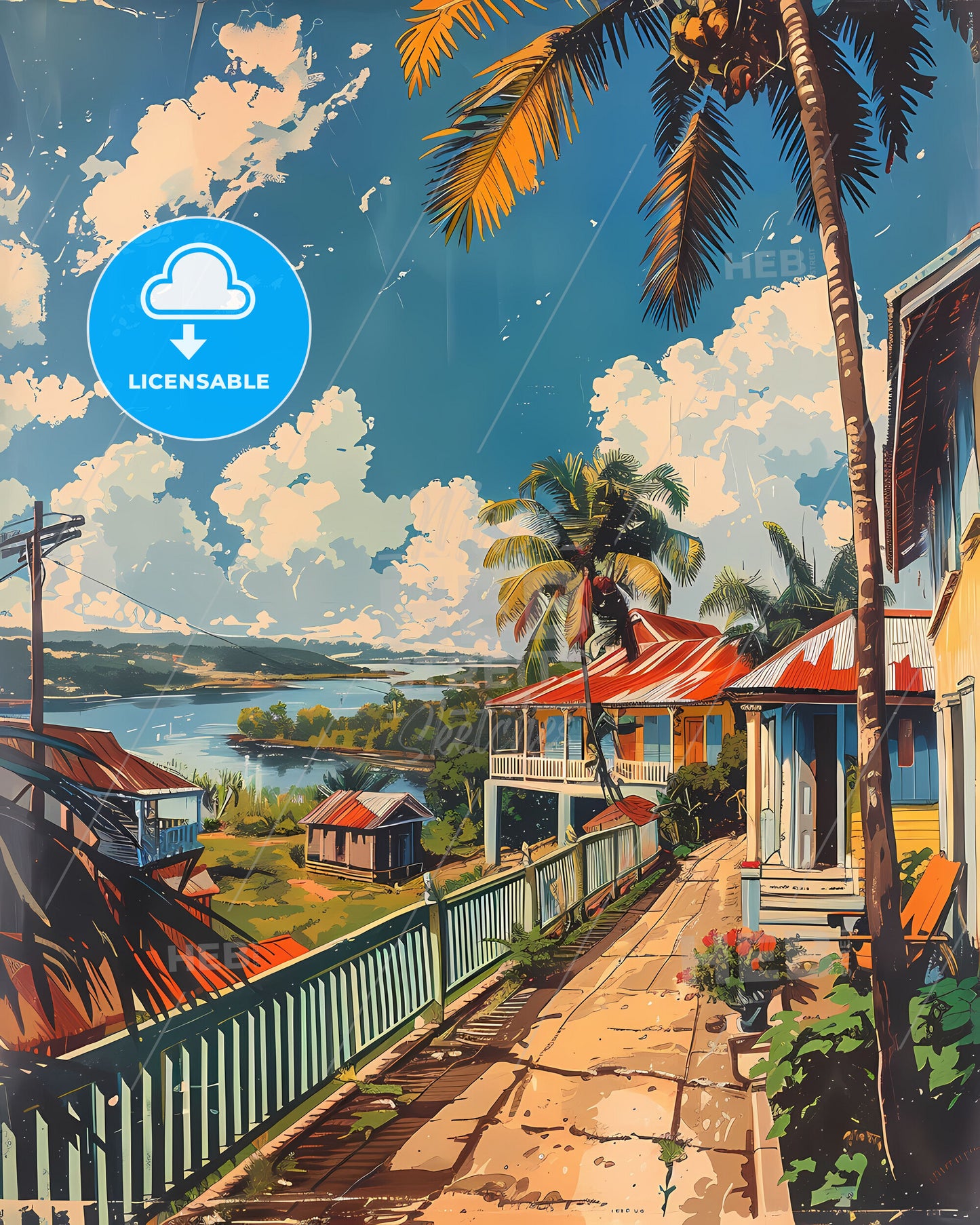 Vibrant Street Scene, Colorful Houses, French Guiana, South America, Artwork, Painting