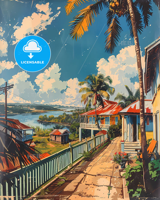 Vibrant Street Scene, Colorful Houses, French Guiana, South America, Artwork, Painting