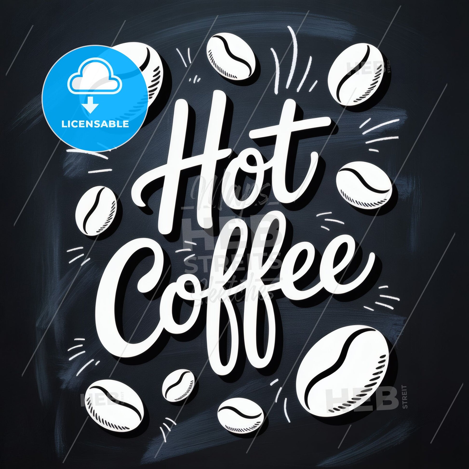 Freshly Brewed Hot Coffee with Coffee Beans in a Stylish, Artistic Design on a Chalkboard Background.