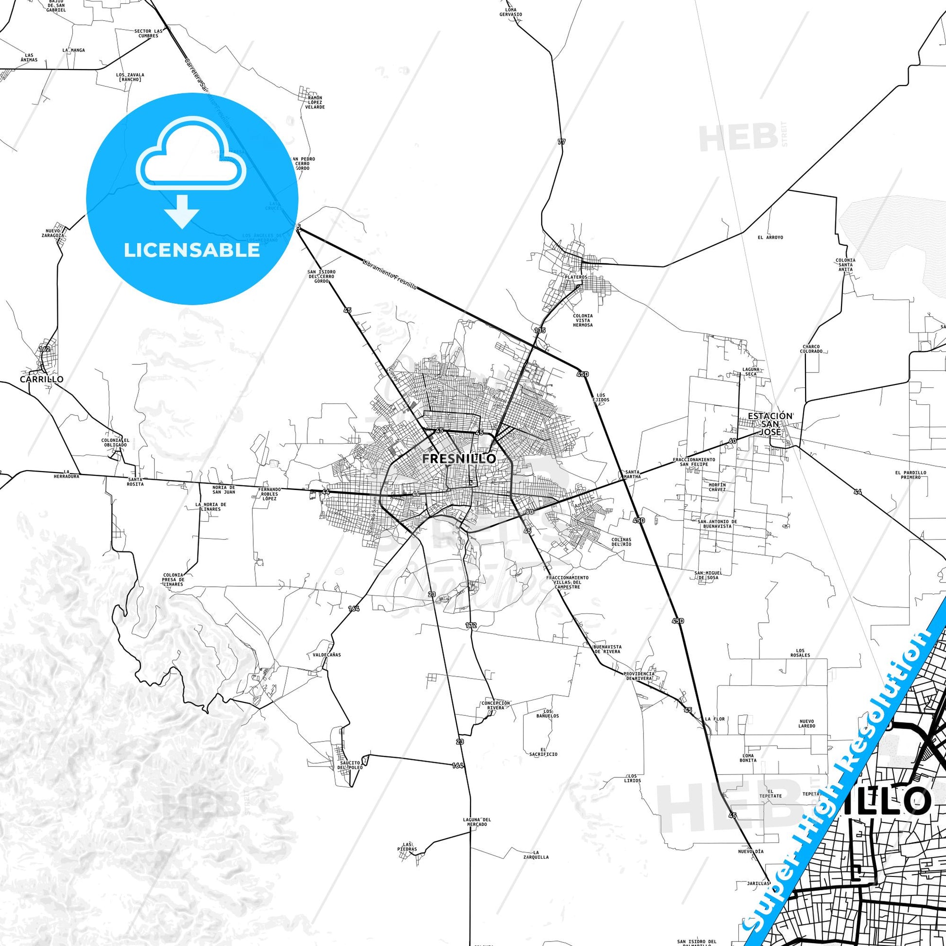 Fresnillo, Mexico light map with streetnames, citynames and districts