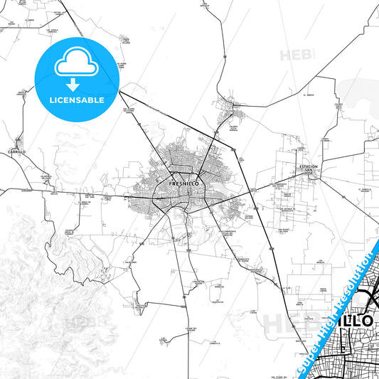 Fresnillo, Mexico light map with streetnames, citynames and districts