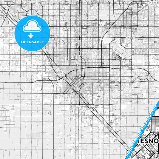 Fresno, California light map with streetnames, citynames and districts