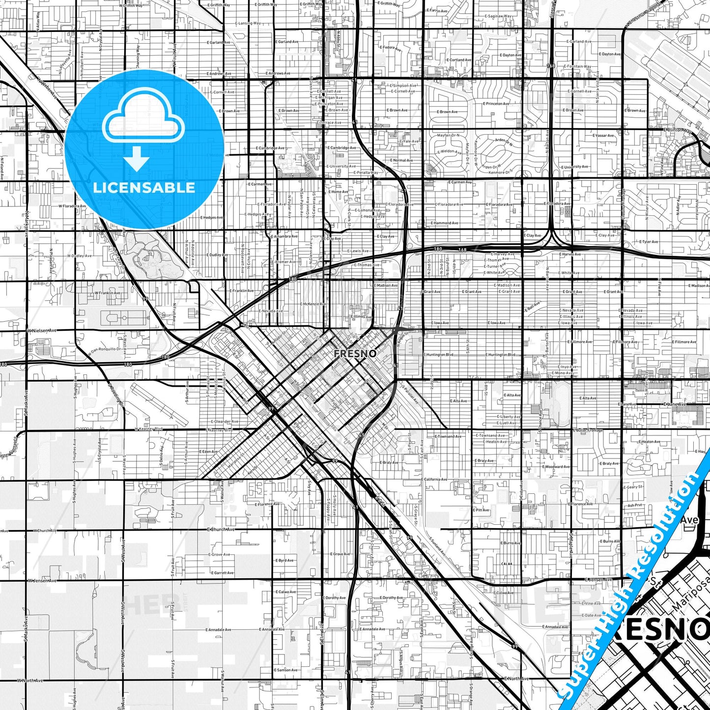 Fresno, California Light Map with Street Names, City Names, and Districts