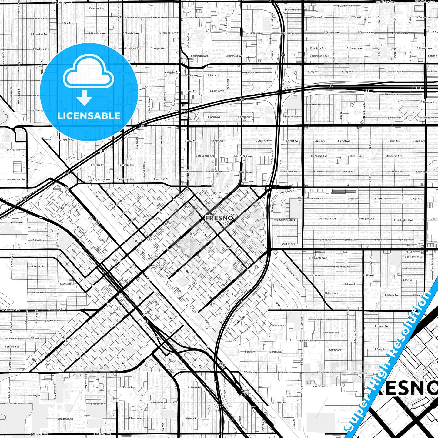 Fresno, California Light Map with Street Names, City Names, and Districts
