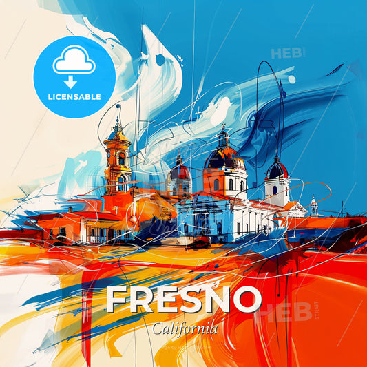 Vibrant Fresno, California - A Painting Of A Building With A Blue Sky And White Clouds - Square format print template