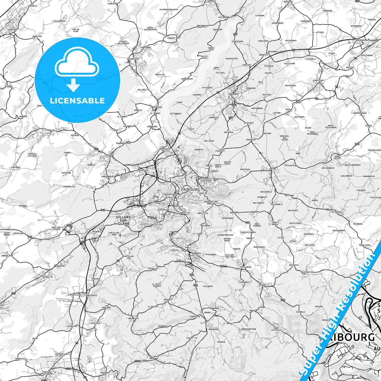 Fribourg, Switzerland light map with streetnames, citynames and districts
