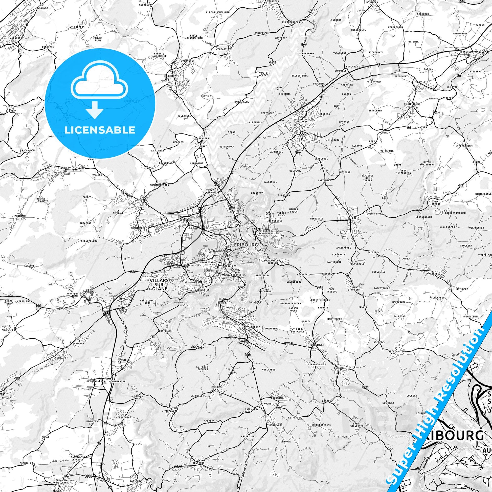Fribourg, Switzerland light map with streetnames, citynames and districts