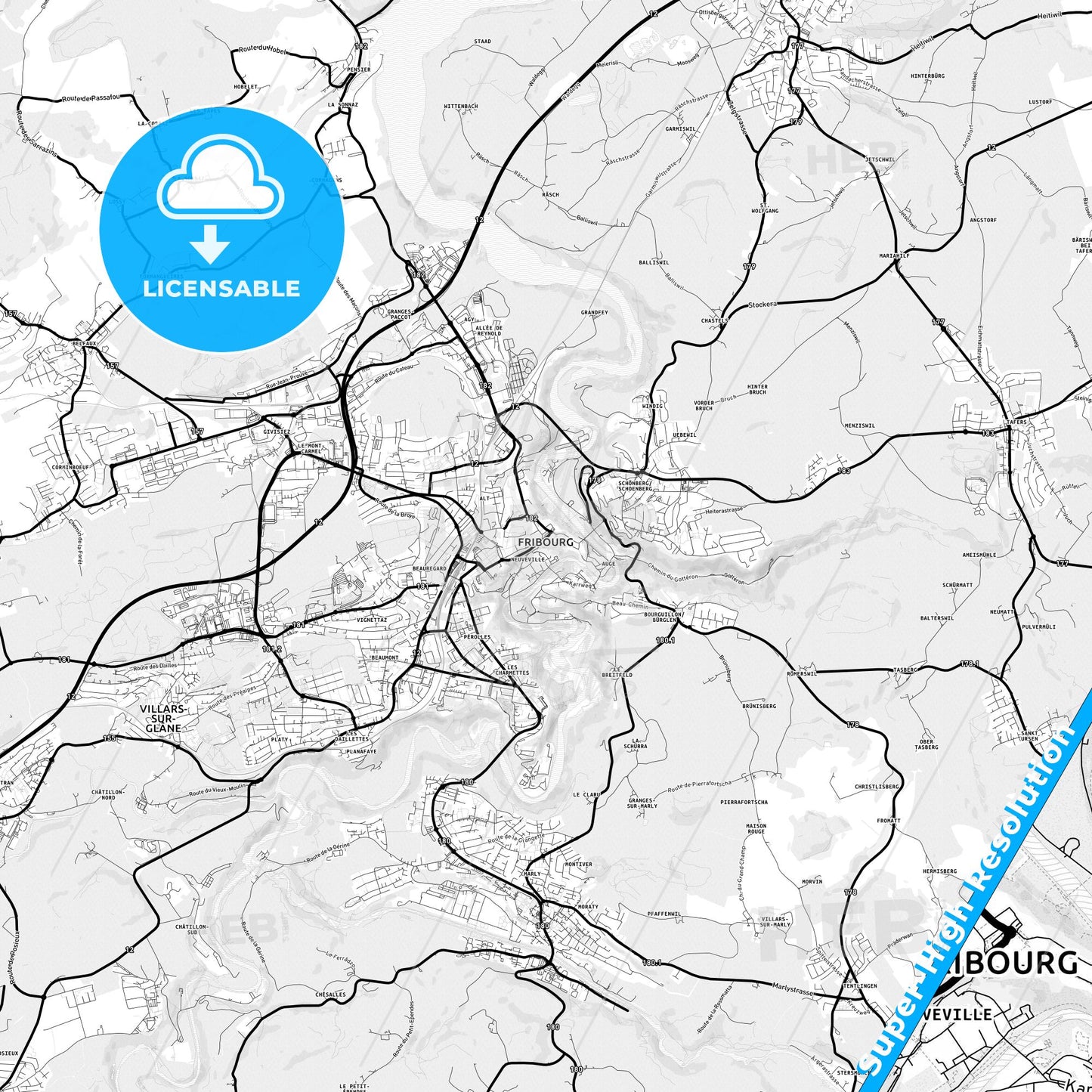 Fribourg, Switzerland Light Map with Street Names, City Names, and Districts