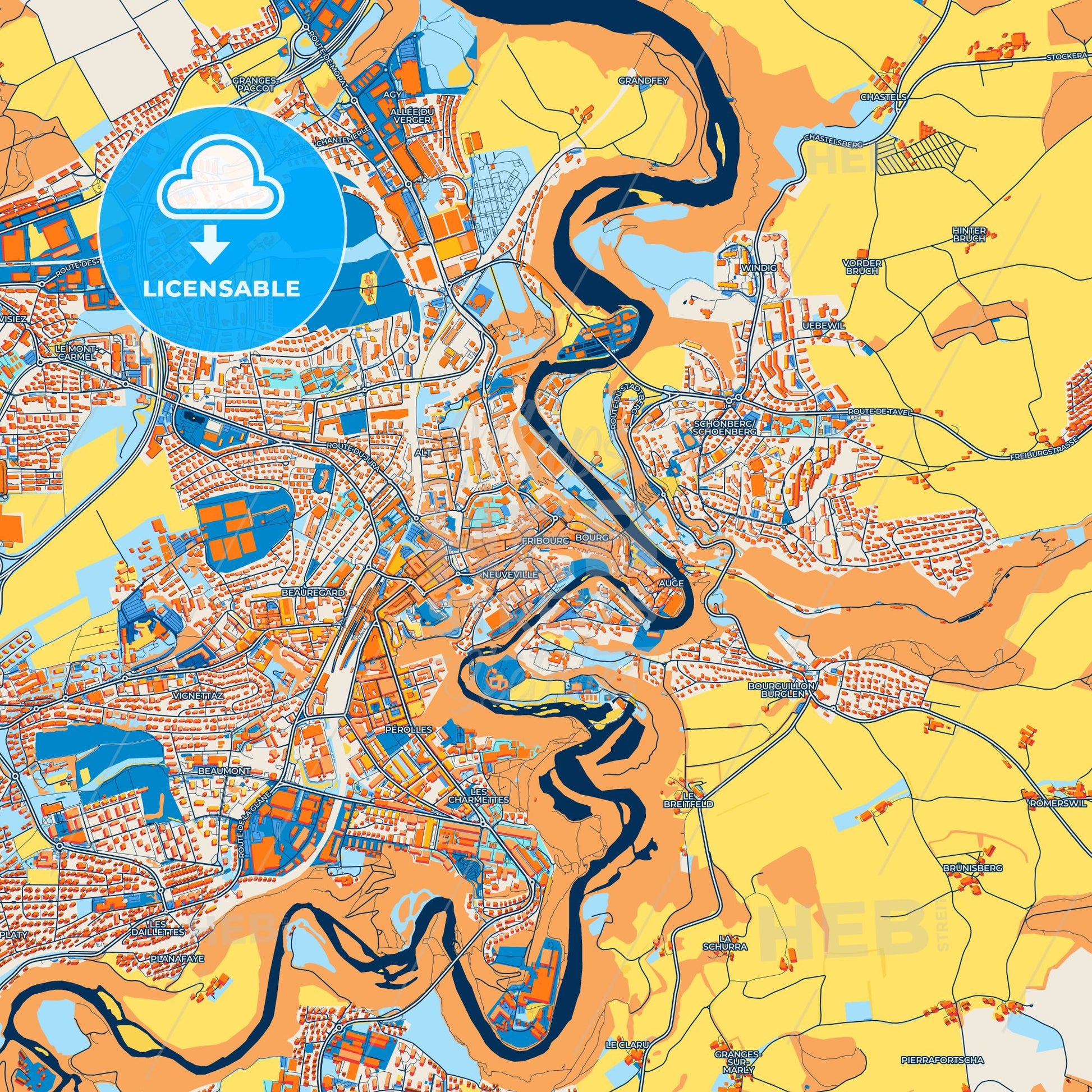Colorful Fribourg Street Map with Labels and Buildings