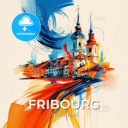 Vibrant Fribourg, Switzerland - A Painting Of A Town - Square format print template