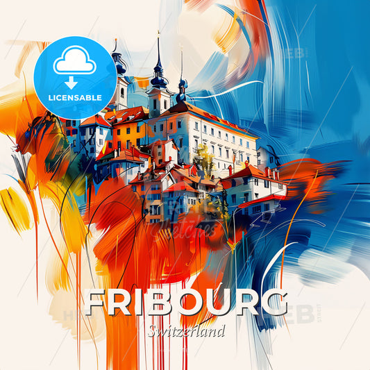 Vibrant Fribourg, Switzerland - A Painting Of A Building On A Hill - Square format print template