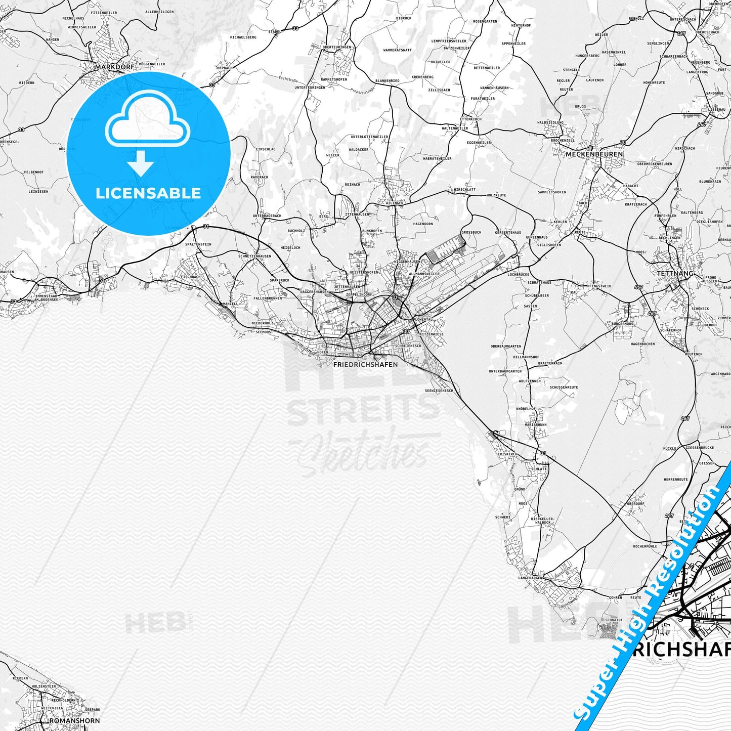 Friedrichshafen, Germany light map with streetnames, citynames and districts