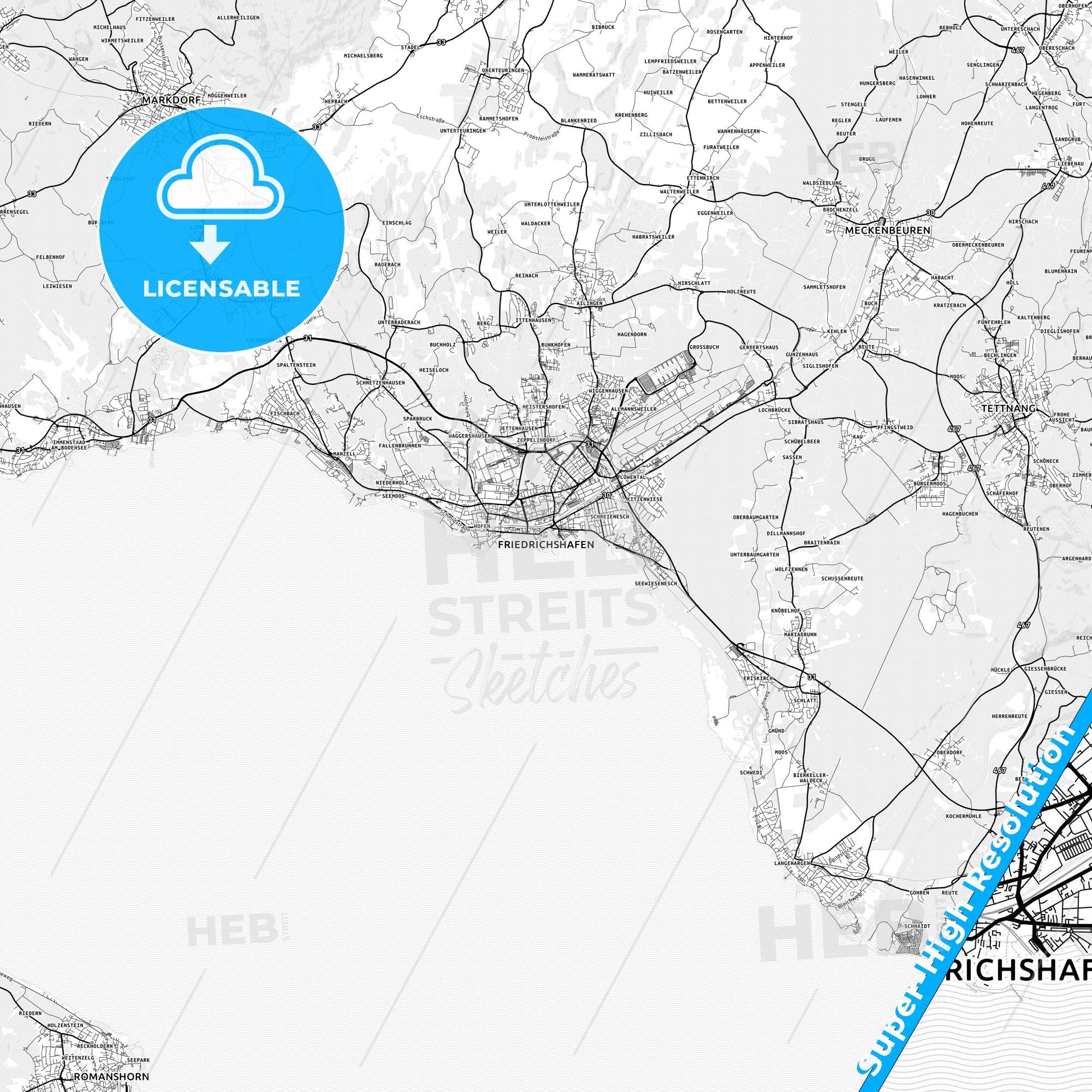 Friedrichshafen, Germany light map with streetnames, citynames and districts