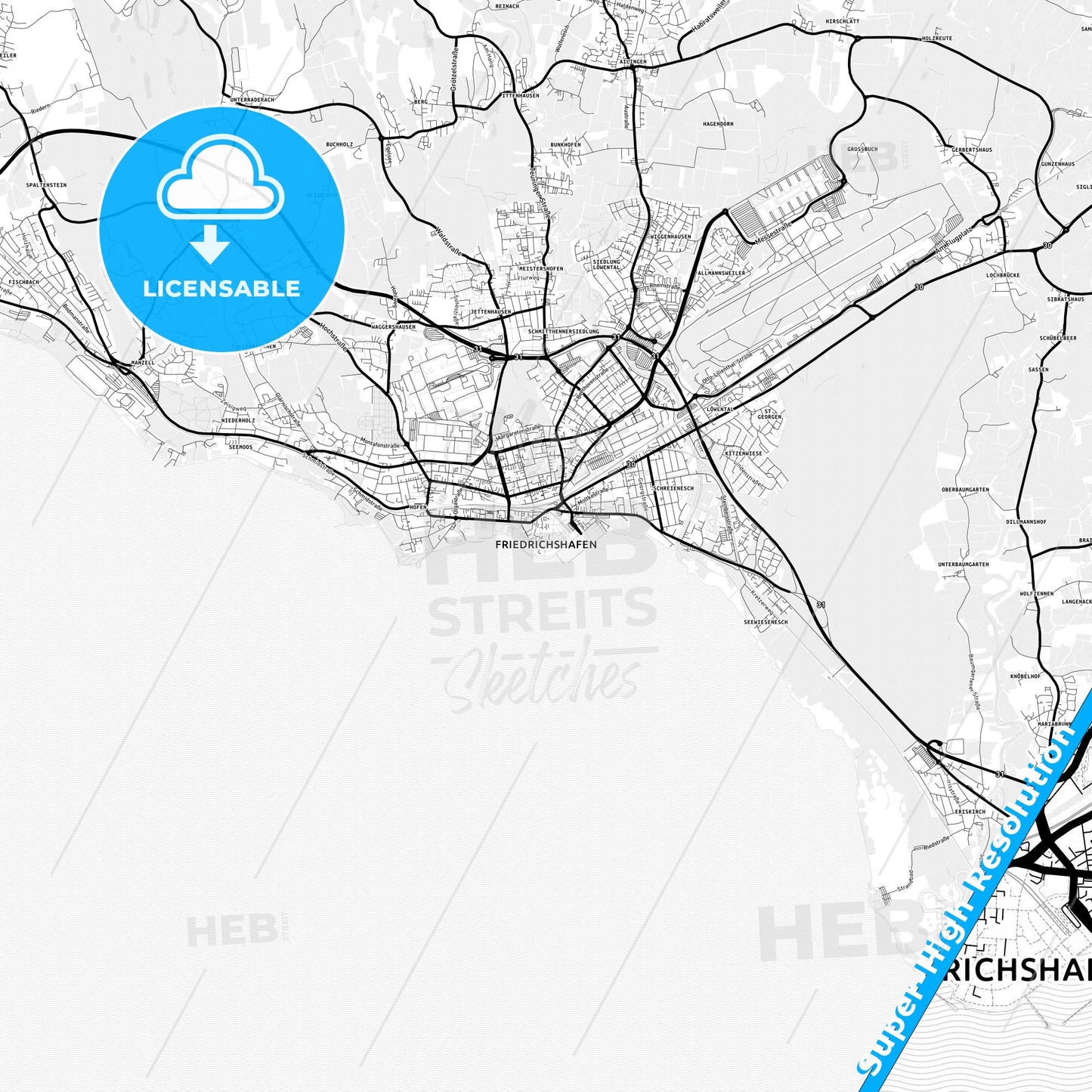 Friedrichshafen, Germany Light Map with Street Names, City Names, and Districts