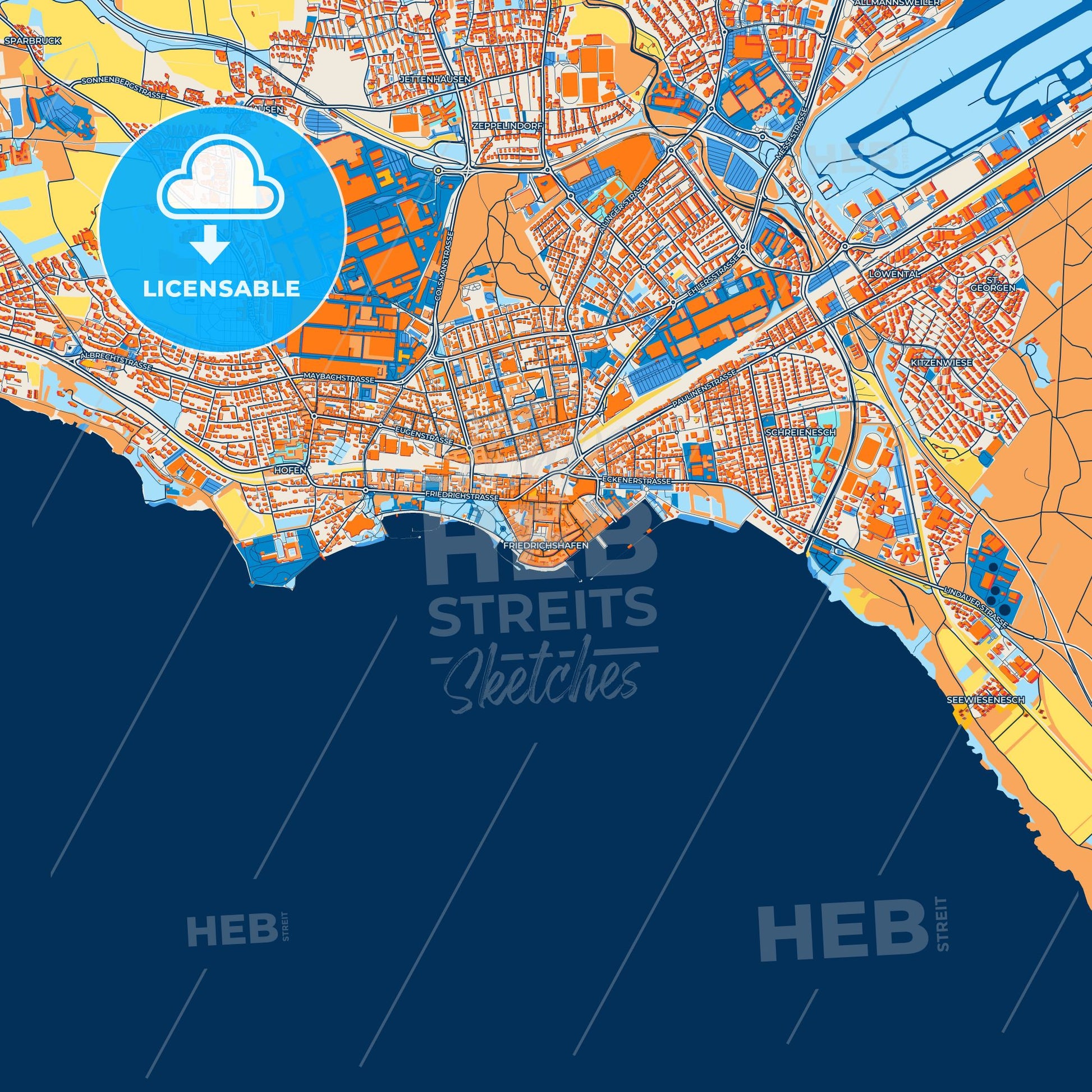 Colorful Friedrichshafen Street Map with Labels and Buildings
