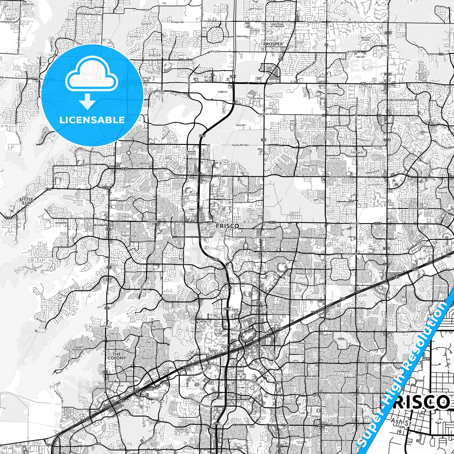 Frisco, Texas light map with streetnames, citynames and districts