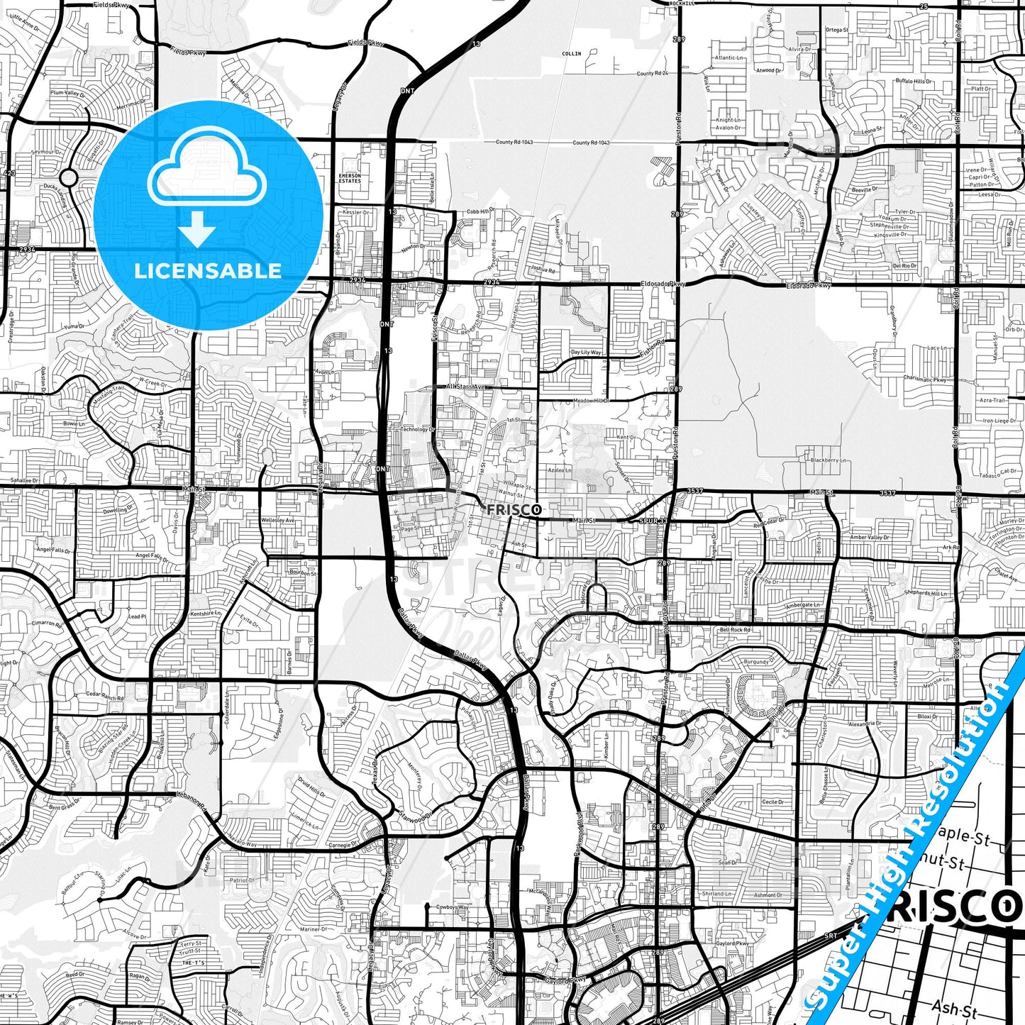Frisco, Texas Light Map with Street Names, City Names, and Districts