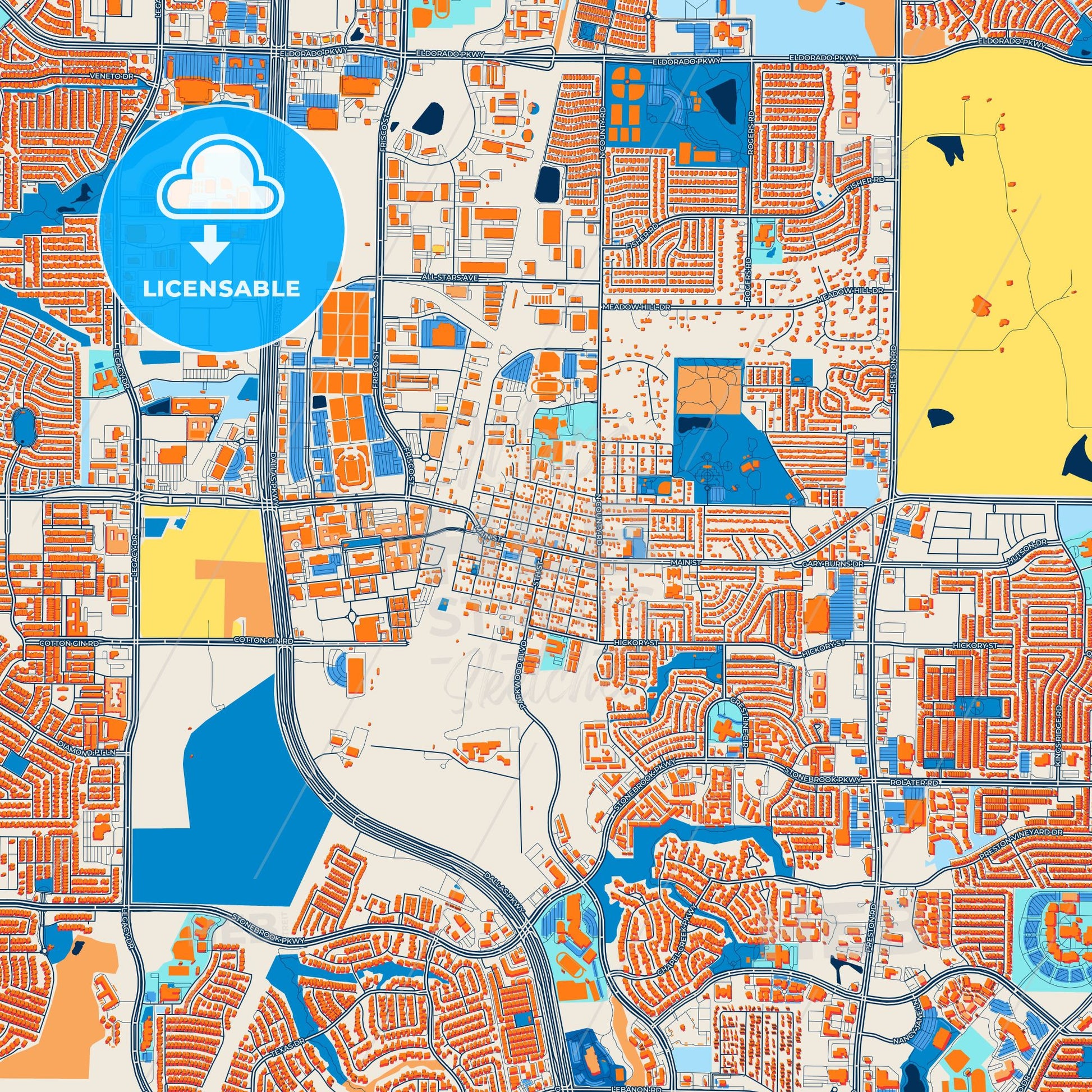 Colorful Frisco Street Map with Labels and Buildings